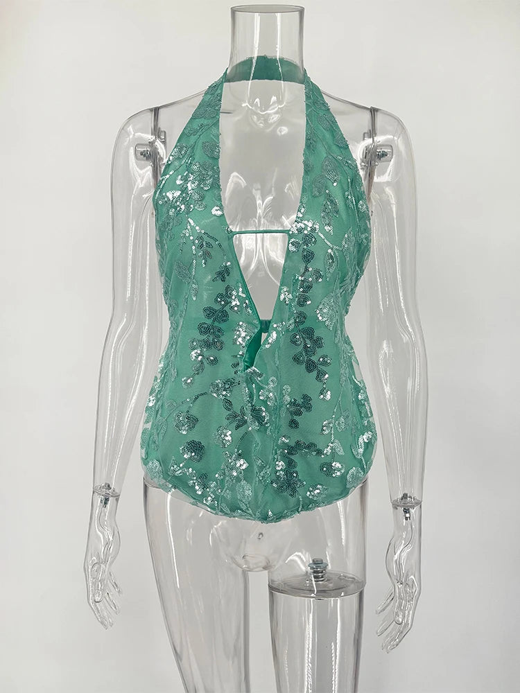 Trendix Sexy Deep V Neck Beach Tank Top Hot Girls Summer Sequins Patchwork Sleeveless Vest Women Vacation Sexy Backless Top