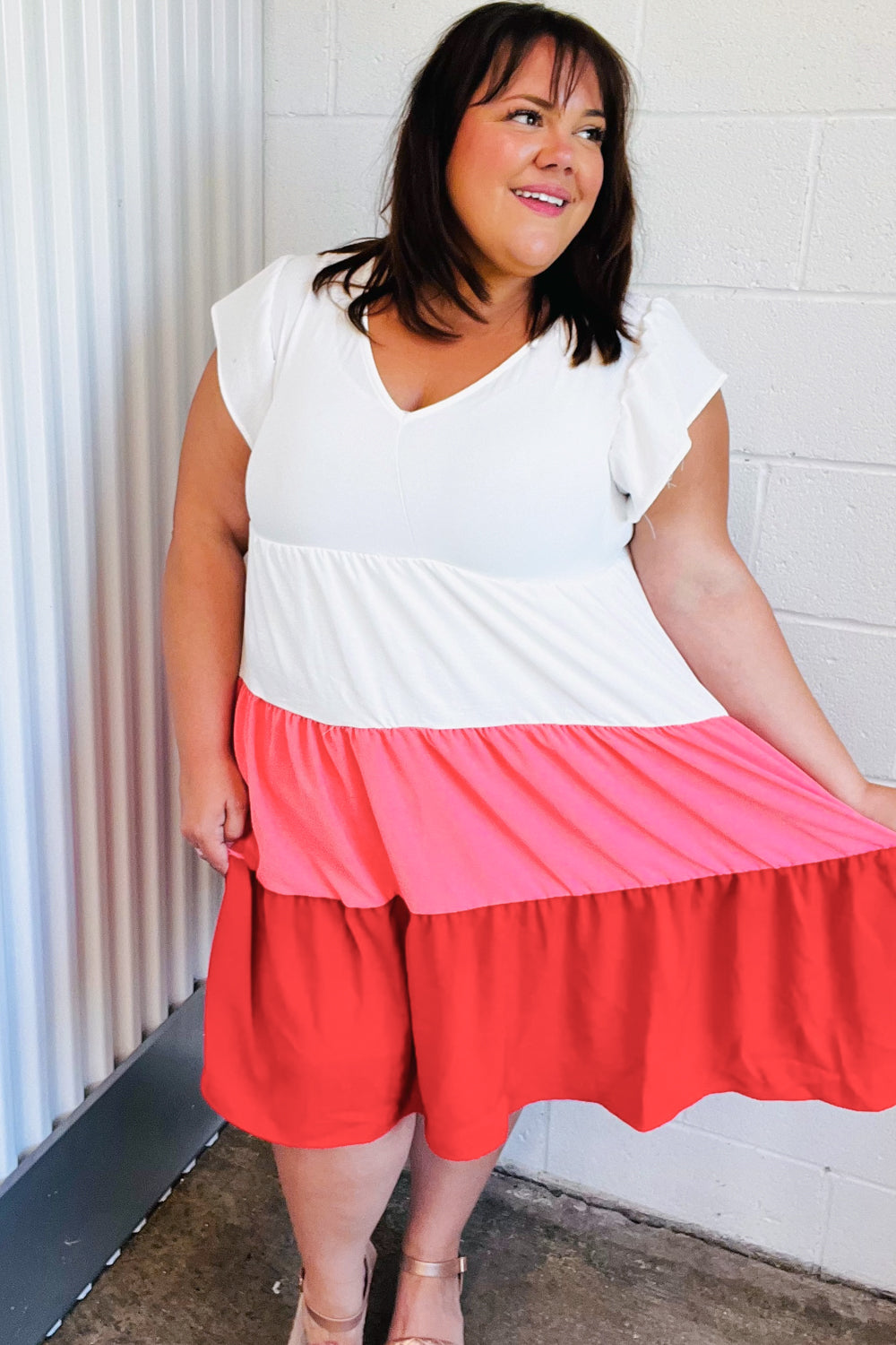 Peach &amp; Cherry Red Tiered Frill Sleeve Midi Dress | Nikki &amp; Co. Boutique