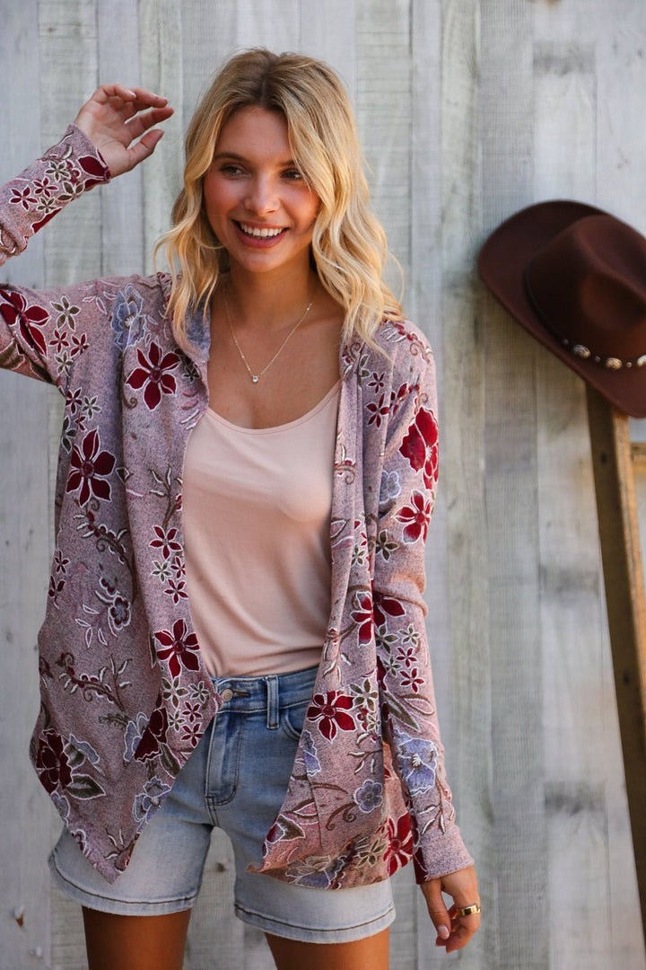 Find Love Bronze Long Sleeve Floral Print Open Cardigan Hoodie - Nikki &amp; Co. Boutique