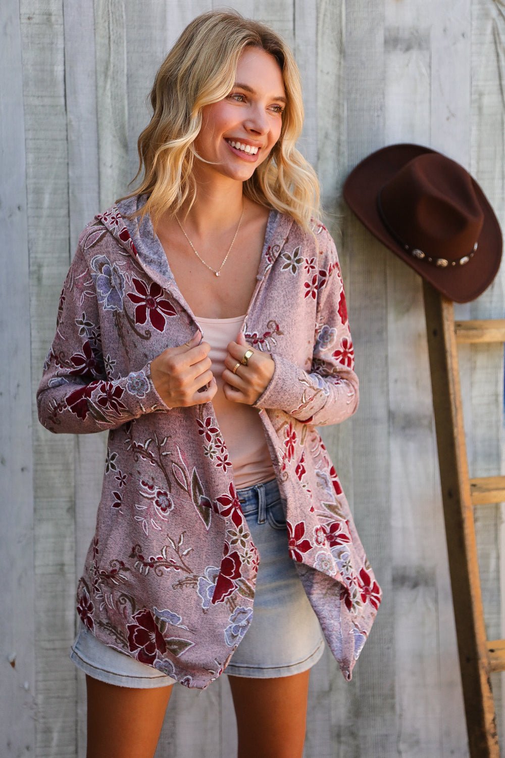 Find Love Bronze Long Sleeve Floral Print Open Cardigan Hoodie - Nikki & Co. Boutique