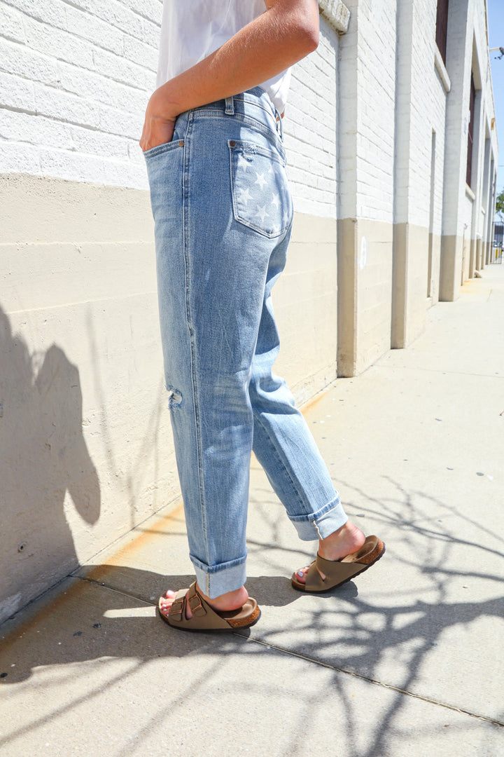 Judy Blue High-Rise Boyfriend Cuffed Hem Star Pocket Jeans | Nikki &amp; Co. Boutique