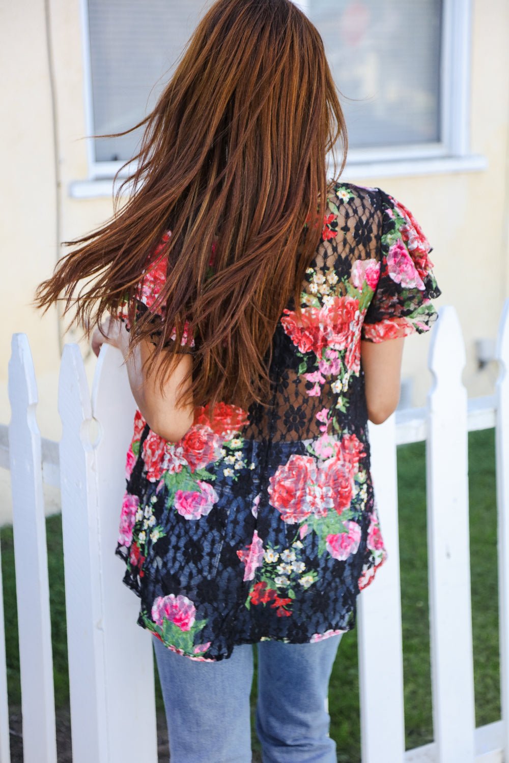 Diva Dreams Black Multicolor Floral Crochet Flutter Sleeve Tops - Nikki &amp; Co. Boutique
