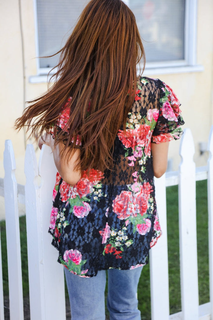 Diva Dreams Black Multicolor Floral Crochet Flutter Sleeve Tops - Nikki &amp; Co. Boutique