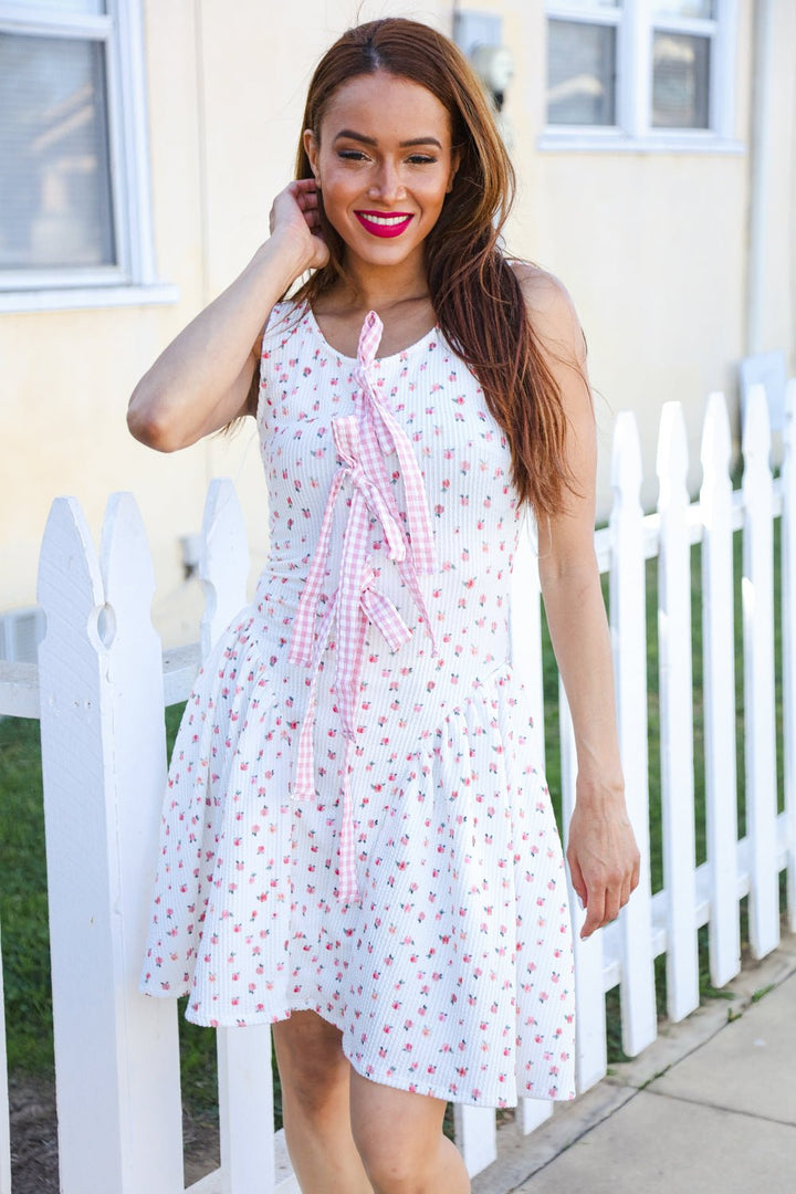 Beautiful You Ivory Checker &amp; Floral Print Ribbon Tie Sleeveless Dress - Nikki &amp; Co. Boutique