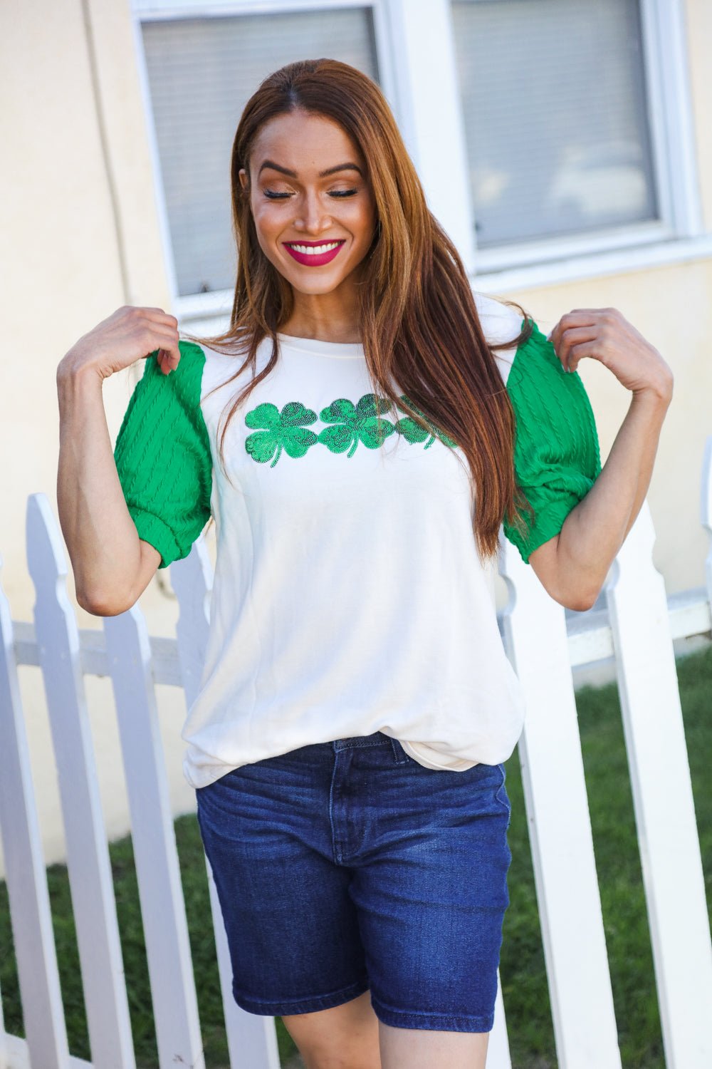 Lucky Sequin Clover Oatmeal Cable Knit Puff Sleeve Top - Nikki &amp; Co. Boutique