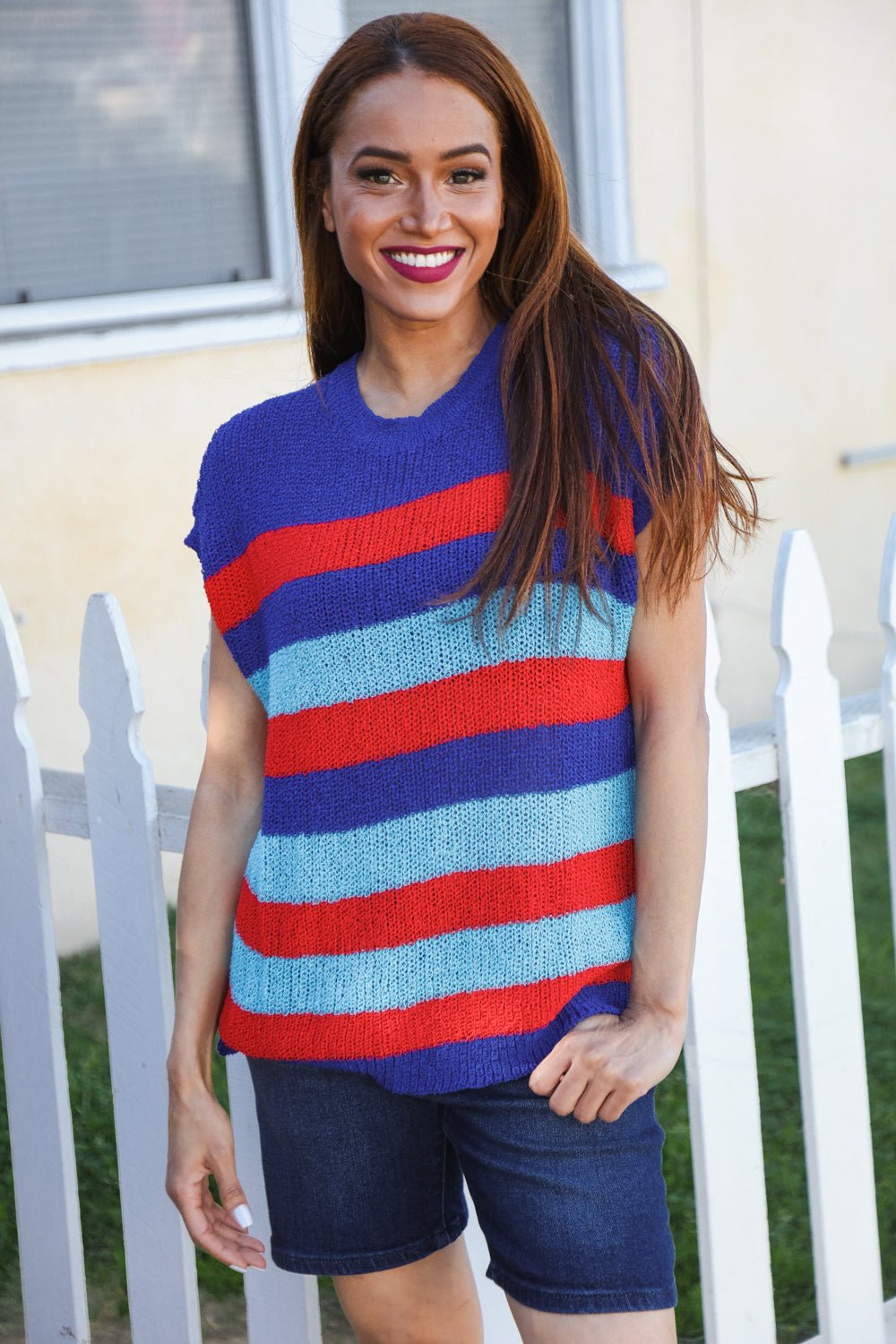 Forget Me Not Royal Blue Stripe Shorts Sleeve Dolman Sweater - Nikki &amp; Co. Boutique