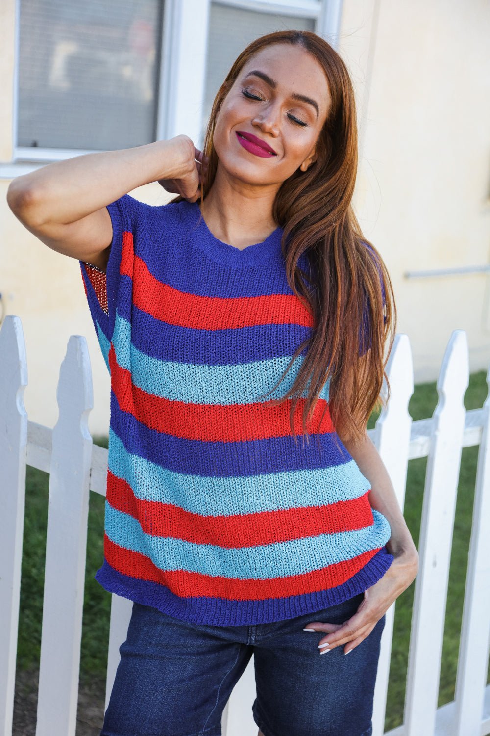 Forget Me Not Royal Blue Stripe Shorts Sleeve Dolman Sweater - Nikki &amp; Co. Boutique