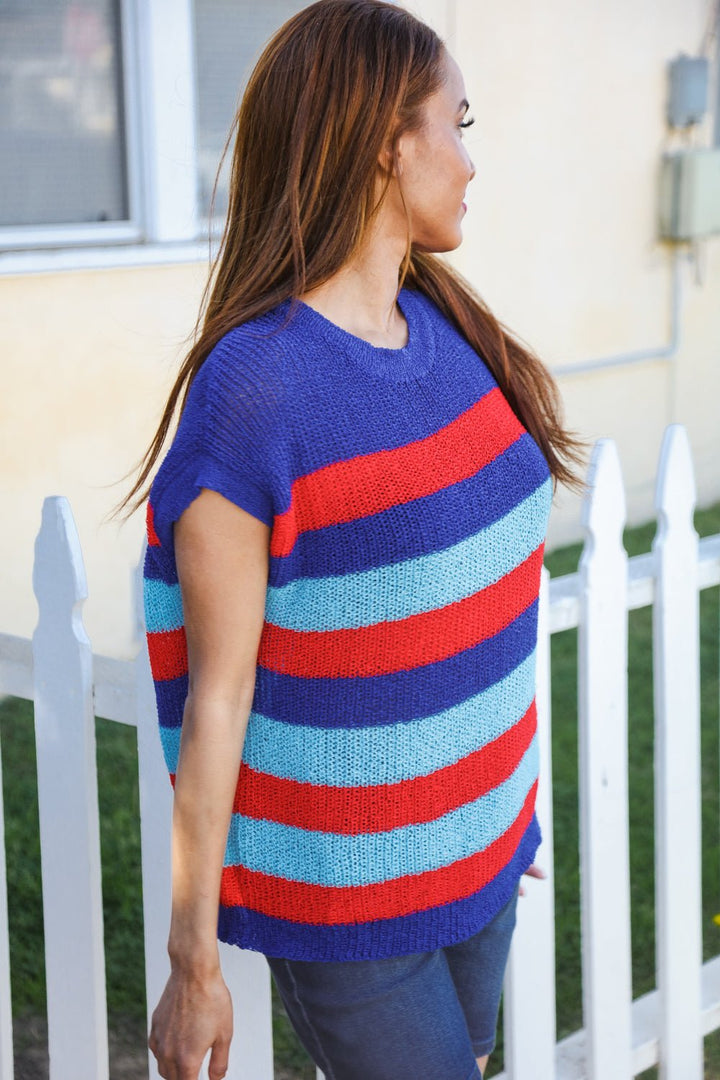Forget Me Not Royal Blue Stripe Shorts Sleeve Dolman Sweater - Nikki &amp; Co. Boutique