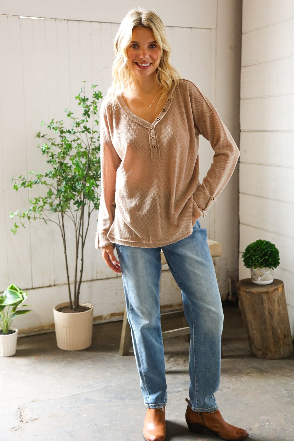 Casual Living Brown Henley Cuff Sleeve Side Slit Pullover | Nikki &amp; Co. Boutique