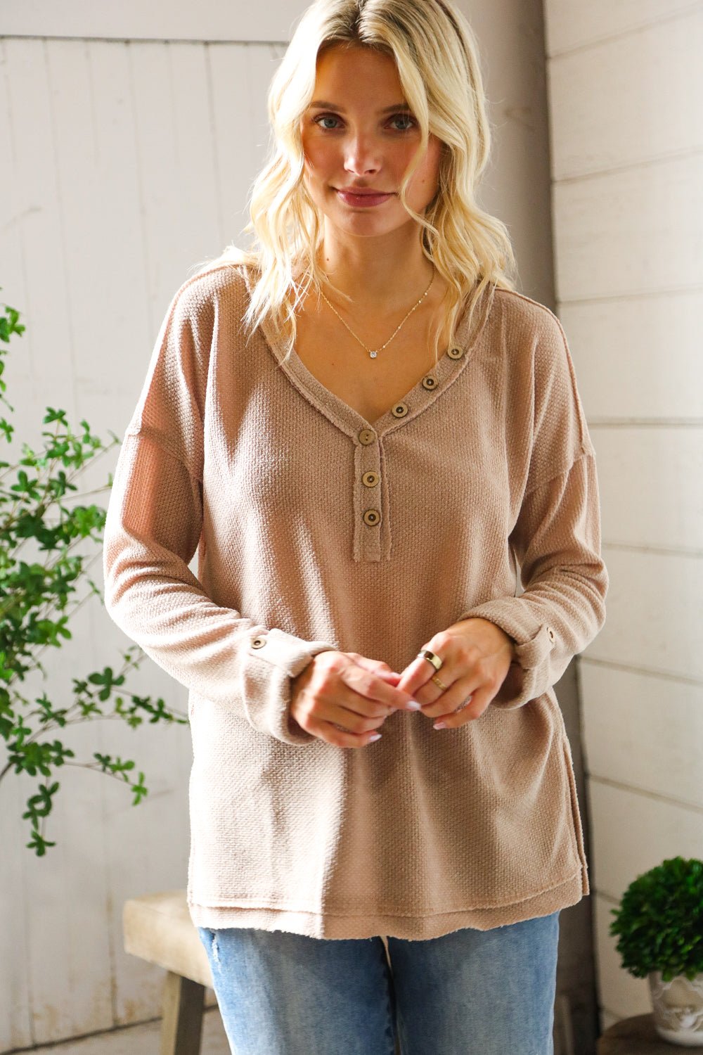 Casual Living Brown Henley Cuff Sleeve Side Slit Pullover - Nikki and Co Boutique