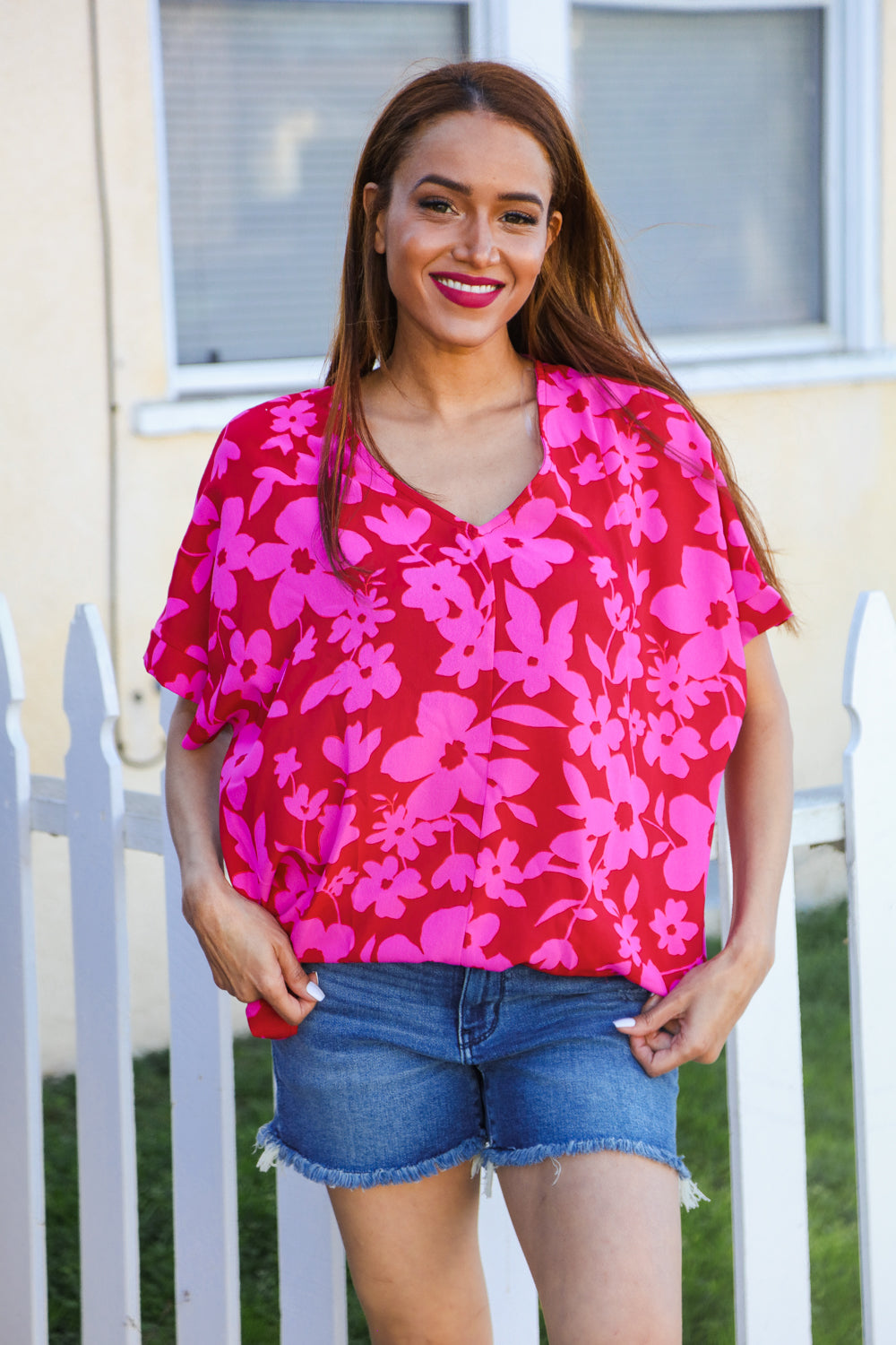 Tropical Trance Magenta Floral V Neck Woven Tops | Nikki &amp; Co. Boutique