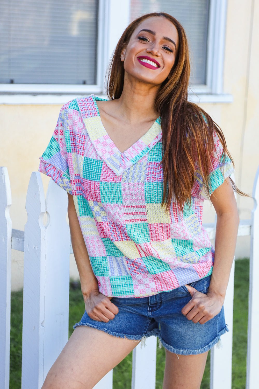 Easy Living Mint Patchwork Print Textured Knit V Neck Tops - Nikki &amp; Co. Boutique