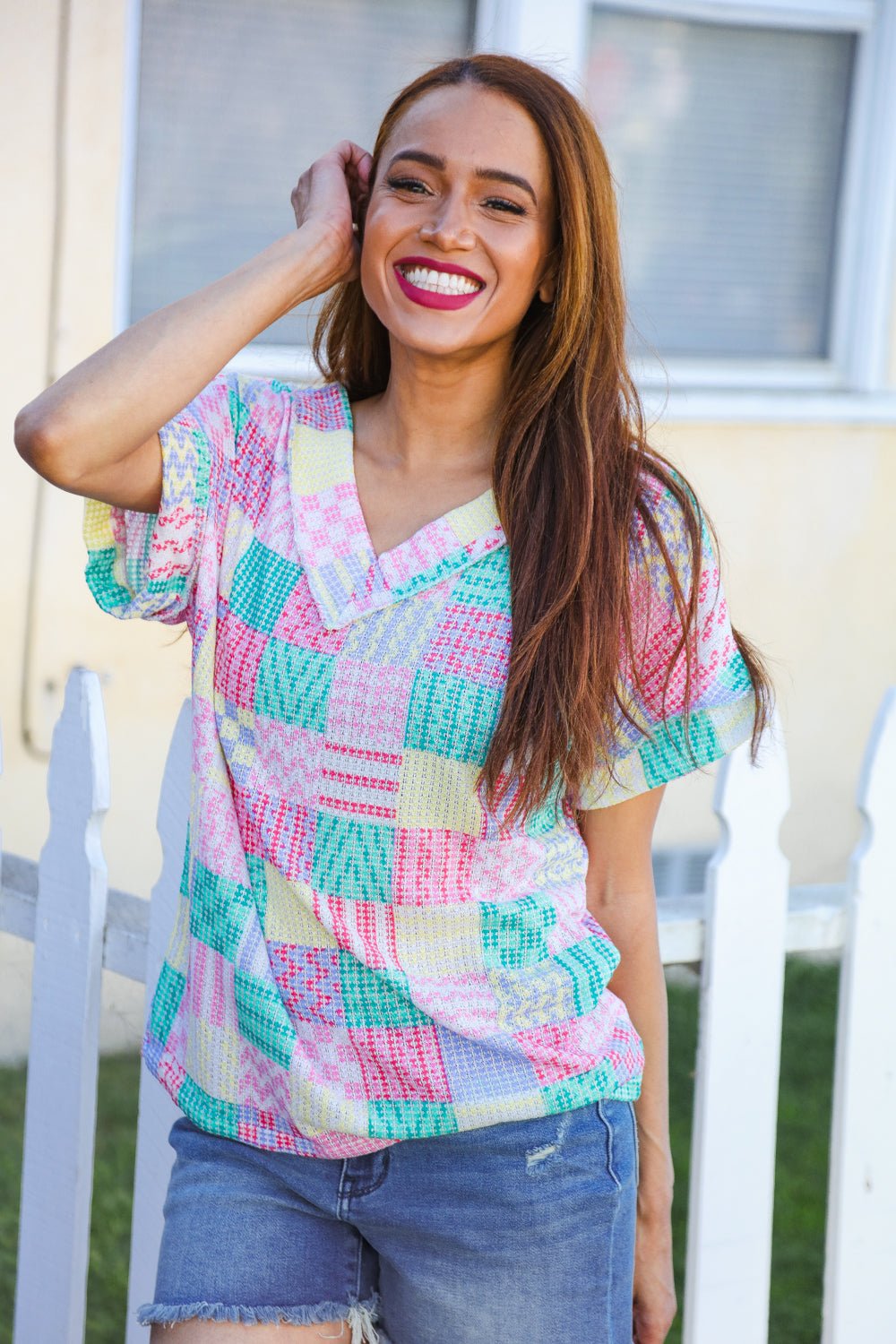 Easy Living Mint Patchwork Print Textured Knit V Neck Tops - Nikki &amp; Co. Boutique