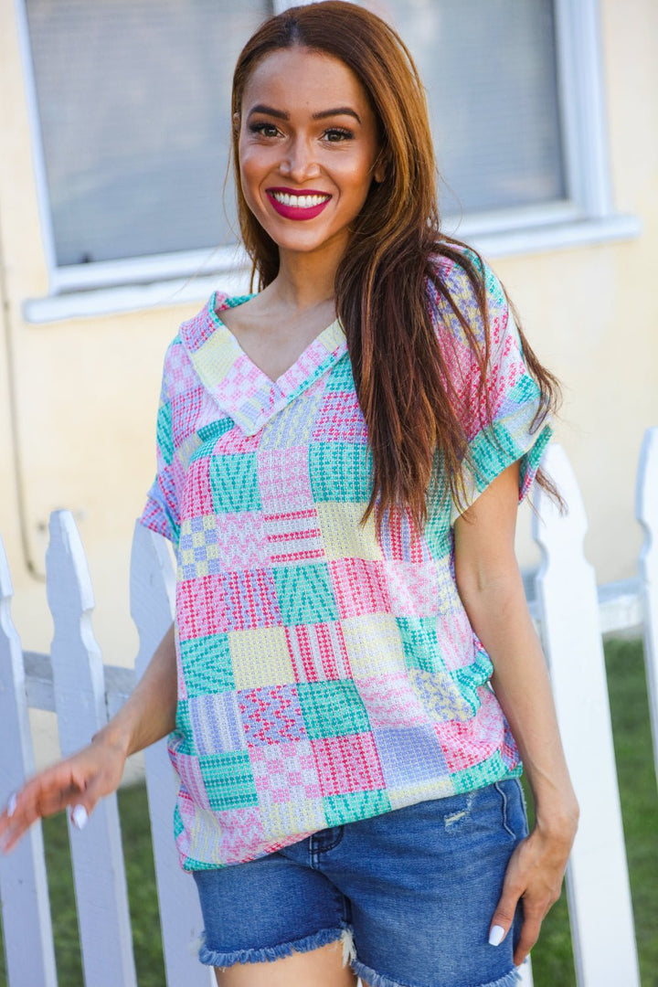 Easy Living Mint Patchwork Print Textured Knit V Neck Tops - Nikki &amp; Co. Boutique