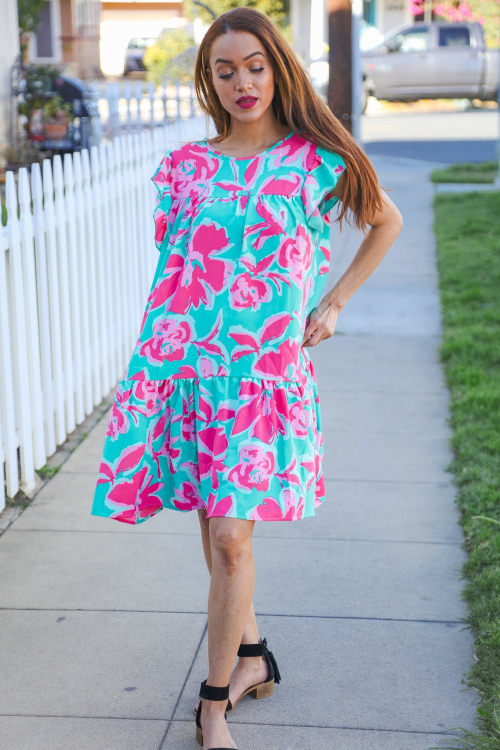 Diva Dreaming Aqua Floral Print Tiered Ruffle Sleeve Dress - Nikki &amp; Co. Boutique