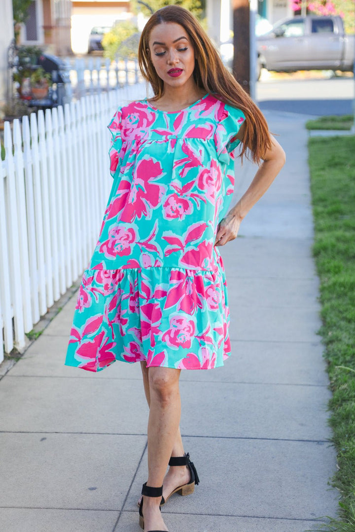 Diva Dreaming Aqua Floral Print Tiered Ruffle Sleeve Dress - Nikki &amp; Co. Boutique