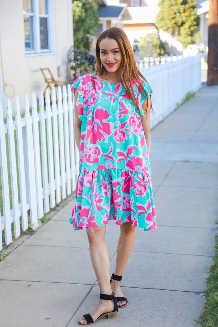 Diva Dreaming Aqua Floral Print Tiered Ruffle Sleeve Dress - Nikki &amp; Co. Boutique