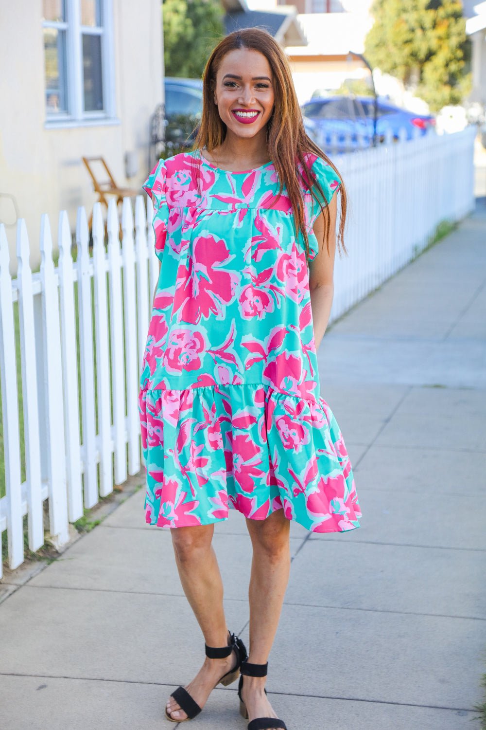 Diva Dreaming Aqua Floral Print Tiered Ruffle Sleeve Dress - Nikki &amp; Co. Boutique