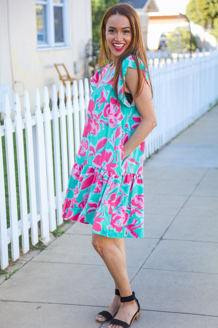 Diva Dreaming Aqua Floral Print Tiered Ruffle Sleeve Dress - Nikki &amp; Co. Boutique