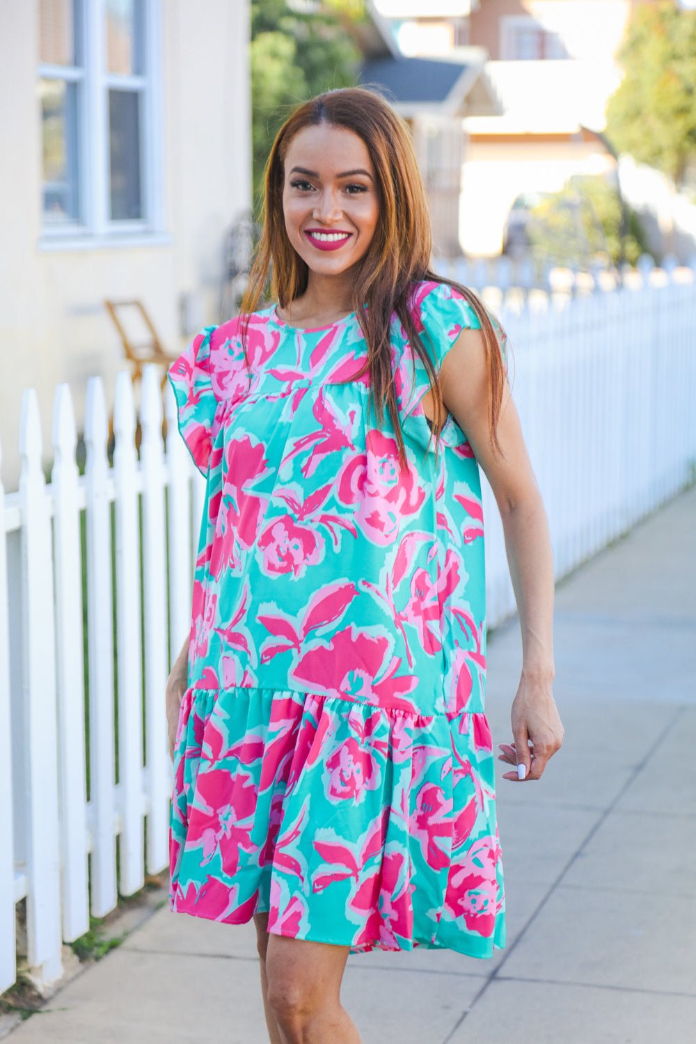 Diva Dreaming Aqua Floral Print Tiered Ruffle Sleeve Dress - Nikki &amp; Co. Boutique