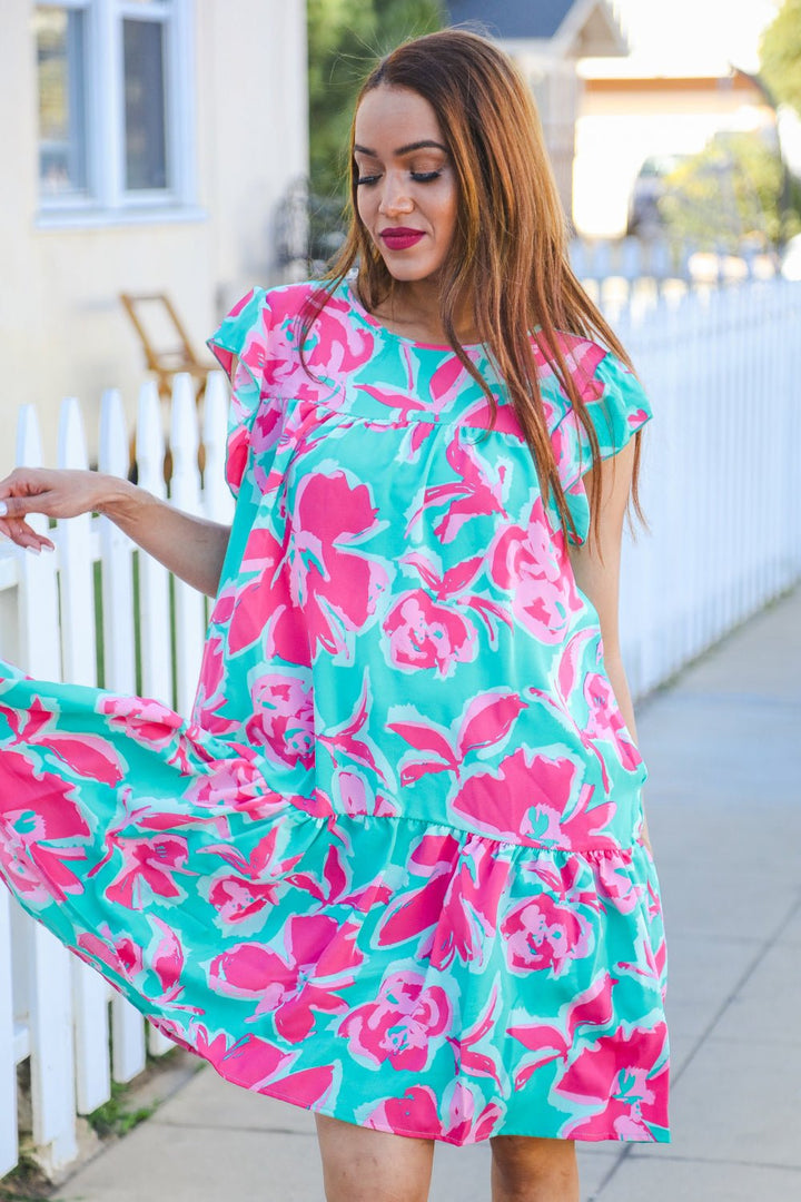 Diva Dreaming Aqua Floral Print Tiered Ruffle Sleeve Dress - Nikki &amp; Co. Boutique