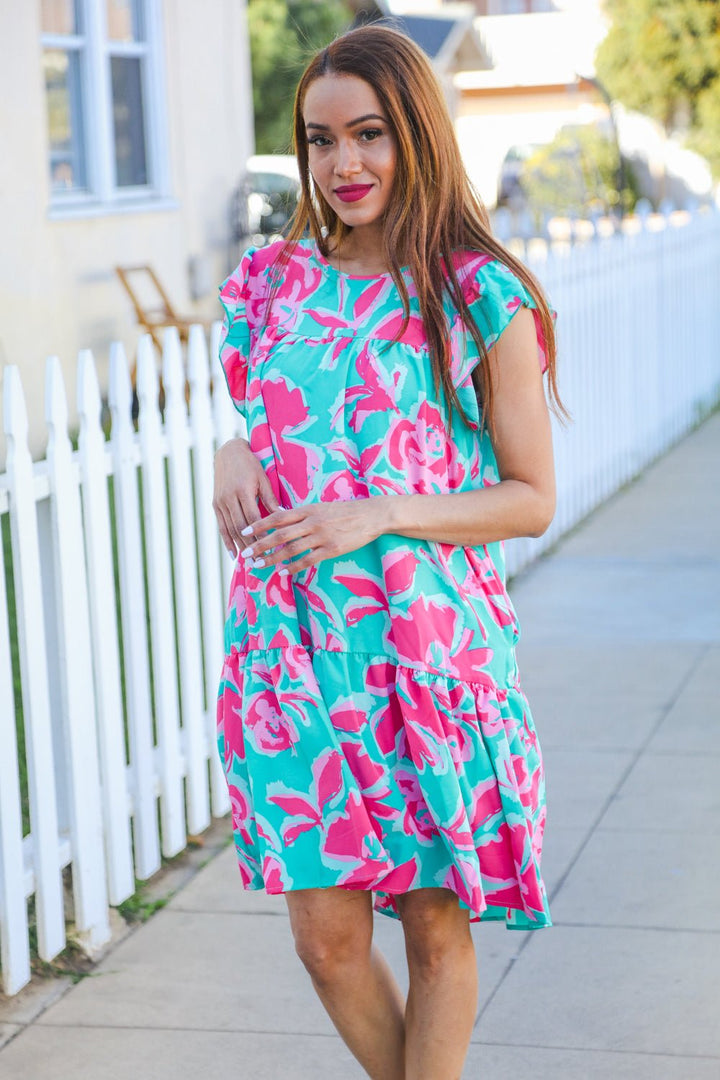 Diva Dreaming Aqua Floral Print Tiered Ruffle Sleeve Dress - Nikki &amp; Co. Boutique