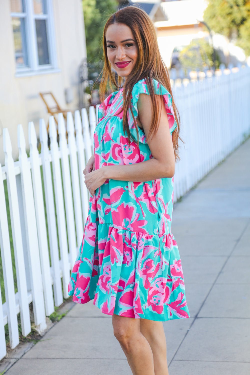 Diva Dreaming Aqua Floral Print Tiered Ruffle Sleeve Dress - Nikki &amp; Co. Boutique