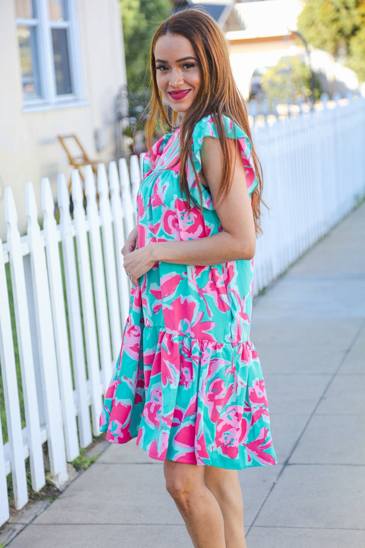Diva Dreaming Aqua Floral Print Tiered Ruffle Sleeve Dress - Nikki &amp; Co. Boutique