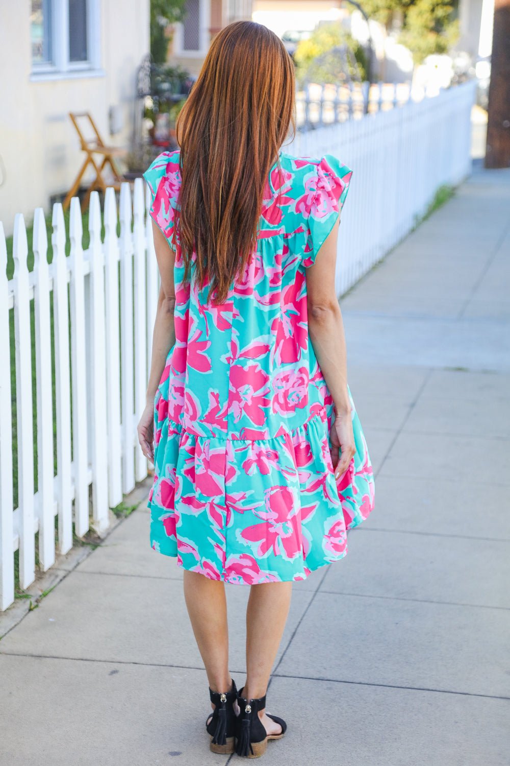 Diva Dreaming Aqua Floral Print Tiered Ruffle Sleeve Dress - Nikki &amp; Co. Boutique