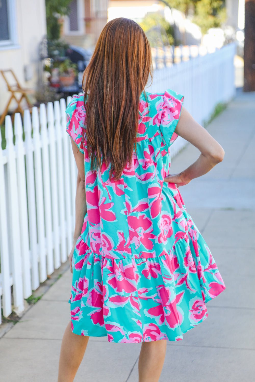 Diva Dreaming Aqua Floral Print Tiered Ruffle Sleeve Dress - Nikki &amp; Co. Boutique