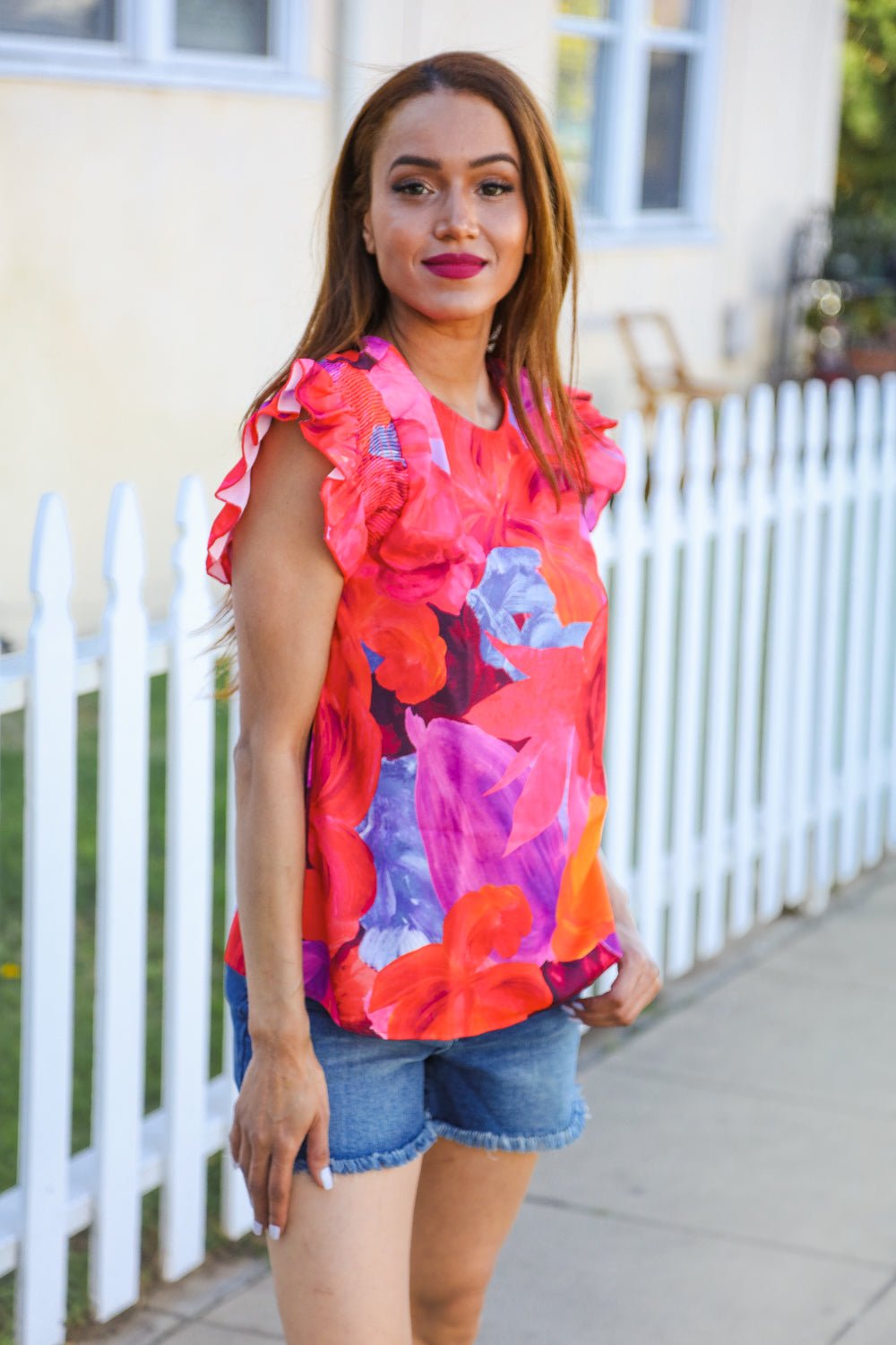 Look of Love Red &amp; Fuchsia Floral Smocked Ruffle Frill Sleeve Tops - Nikki &amp; Co. Boutique