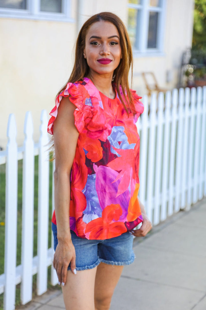 Look of Love Red &amp; Fuchsia Floral Smocked Ruffle Frill Sleeve Tops - Nikki &amp; Co. Boutique