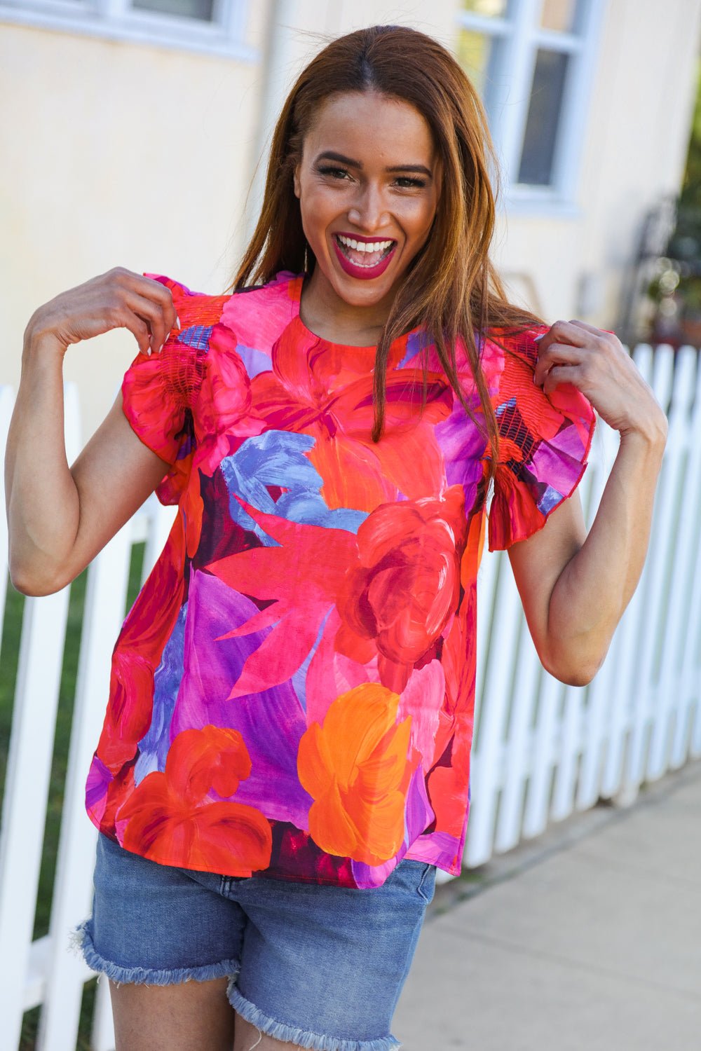 Look of Love Red &amp; Fuchsia Floral Smocked Ruffle Frill Sleeve Tops - Nikki &amp; Co. Boutique