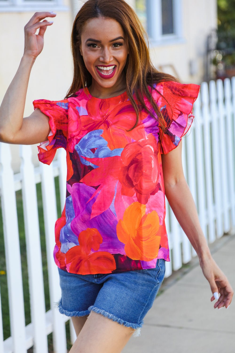 Look of Love Red &amp; Fuchsia Floral Smocked Ruffle Frill Sleeve Tops - Nikki &amp; Co. Boutique