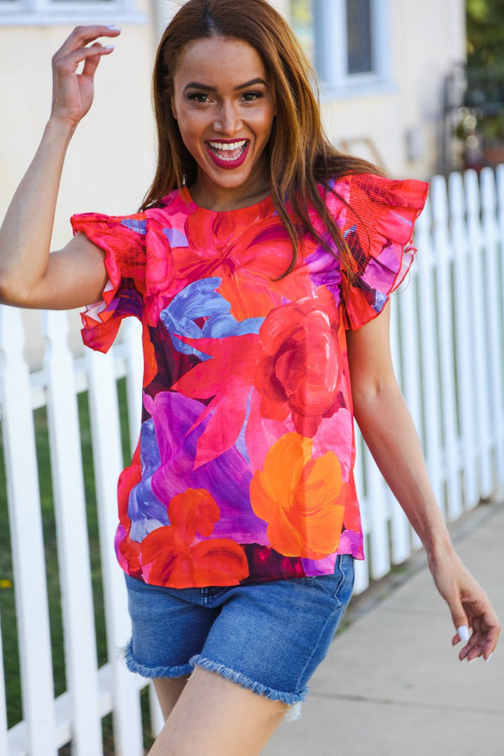 Look of Love Red &amp; Fuchsia Floral Smocked Ruffle Frill Sleeve Tops - Nikki &amp; Co. Boutique