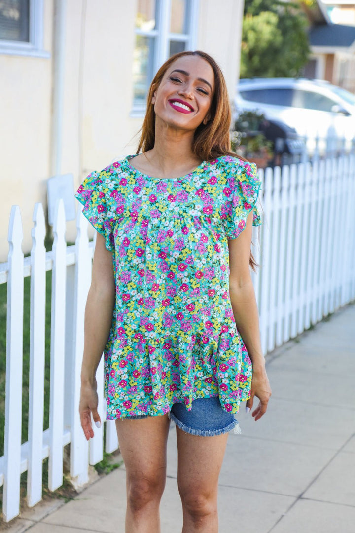 All For You Mint Floral Yoke Flutter Sleeve Keyhole Back Tops - Nikki &amp; Co. Boutique