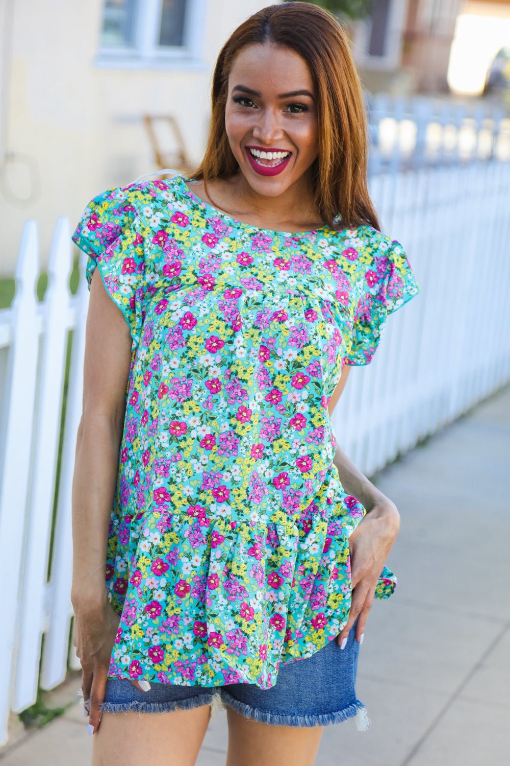 All For You Mint Floral Yoke Flutter Sleeve Keyhole Back Tops - Nikki &amp; Co. Boutique