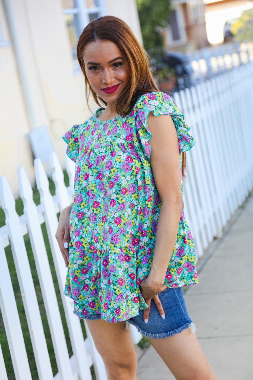 All For You Mint Floral Yoke Flutter Sleeve Keyhole Back Tops - Nikki &amp; Co. Boutique