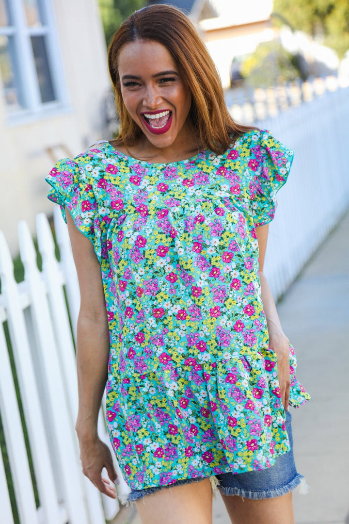 All For You Mint Floral Yoke Flutter Sleeve Keyhole Back Tops - Nikki &amp; Co. Boutique