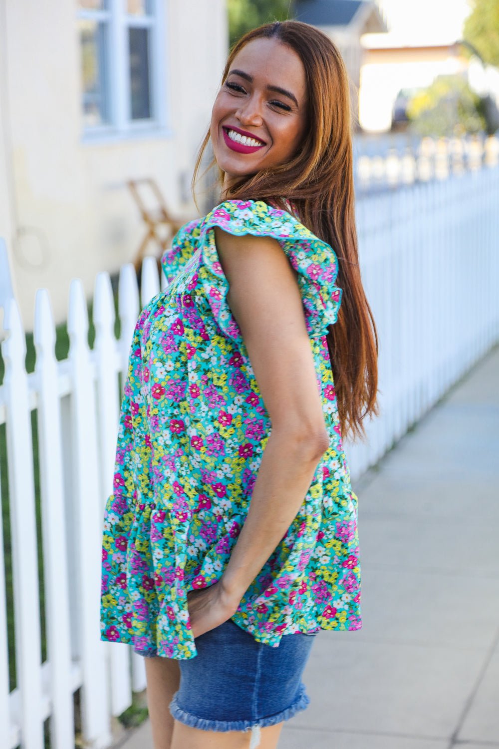 All For You Mint Floral Yoke Flutter Sleeve Keyhole Back Tops - Nikki &amp; Co. Boutique