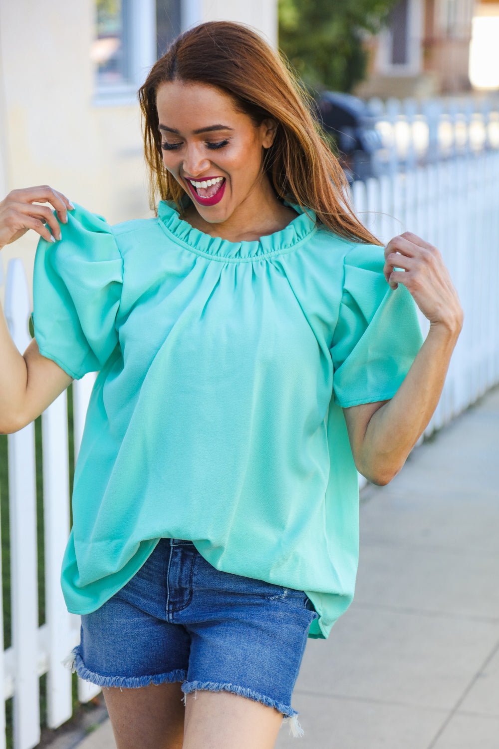 Follow Me Mint Frill Mock Neck Woven Tops - Nikki &amp; Co. Boutique