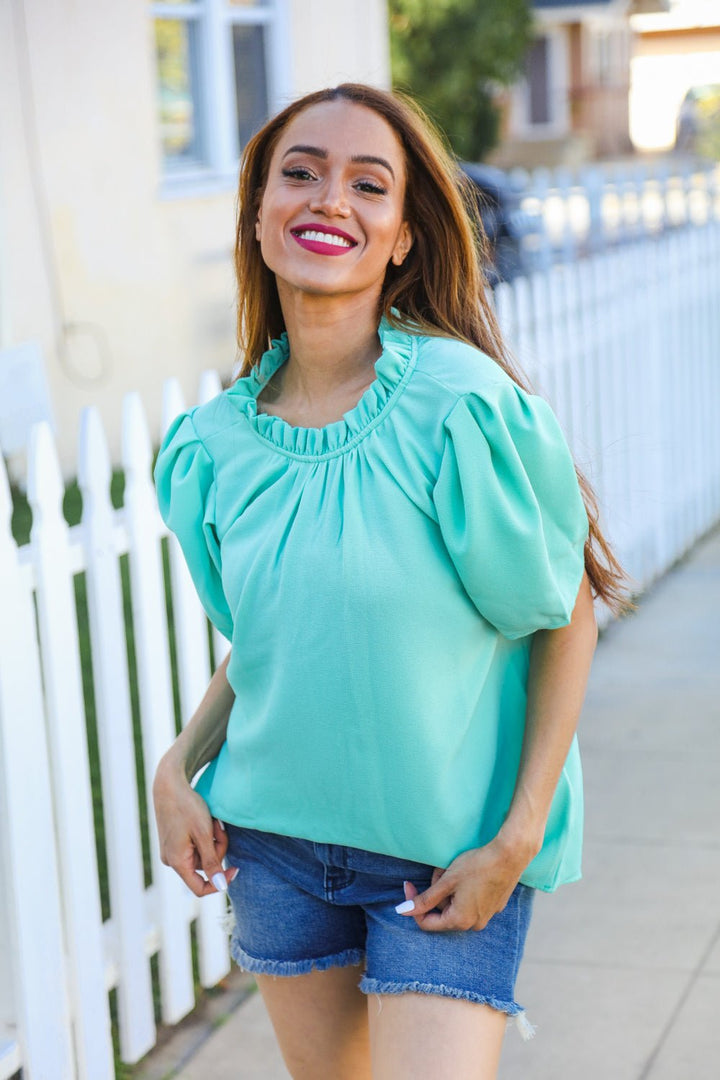 Follow Me Mint Frill Mock Neck Woven Tops - Nikki &amp; Co. Boutique
