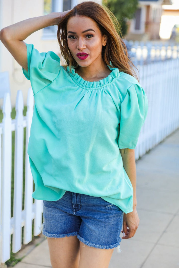Follow Me Mint Frill Mock Neck Woven Tops - Nikki &amp; Co. Boutique