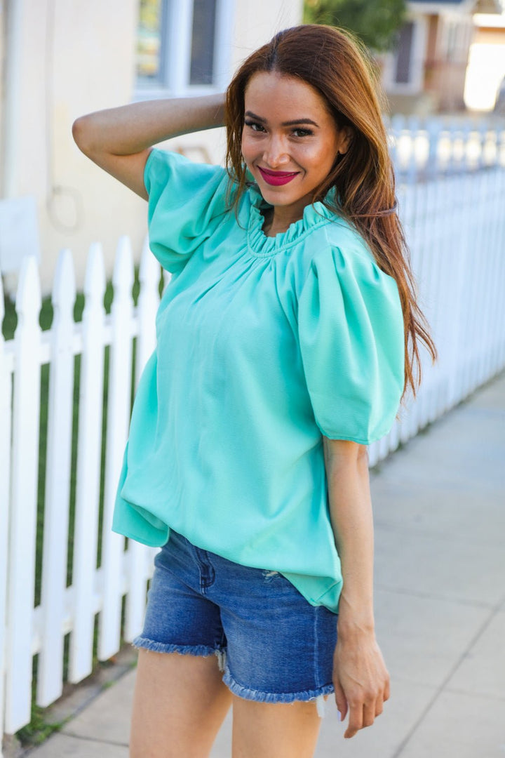 Follow Me Mint Frill Mock Neck Woven Tops - Nikki &amp; Co. Boutique