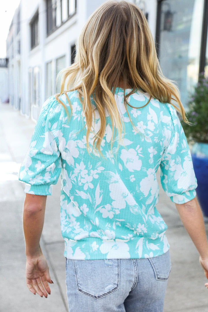 Spring Vibes Mint Wavy Rib Puff Shorts Sleeves Floral Tops - Nikki &amp; Co. Boutique