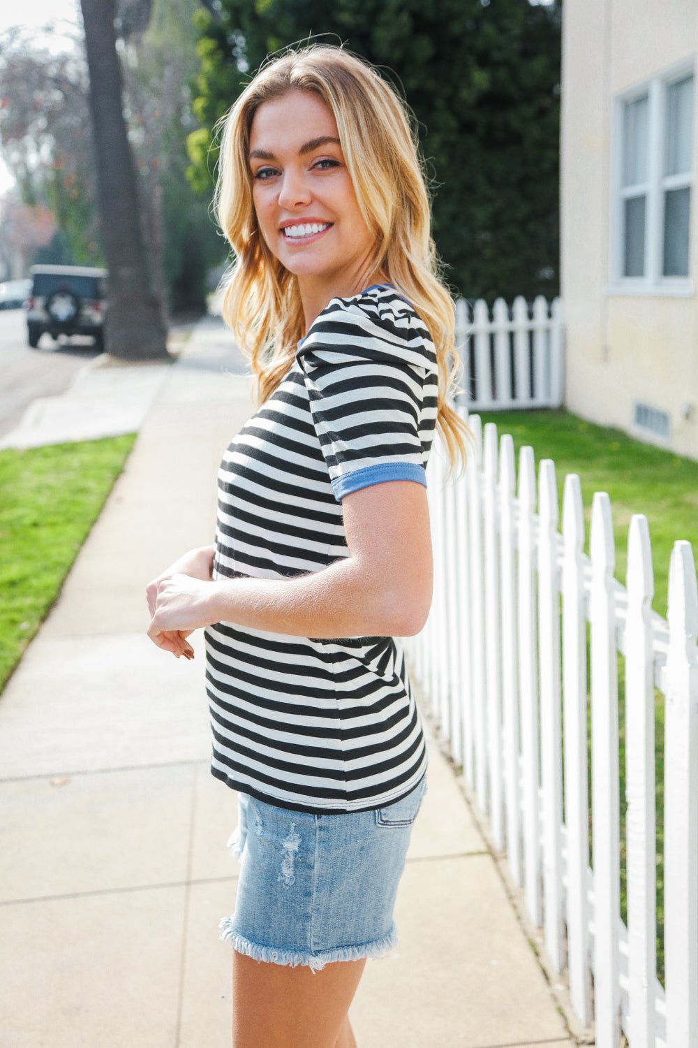 Seize The Day Blue Trim Black &amp; Ivory Stripe Knit Top - Nikki &amp; Co. Boutique