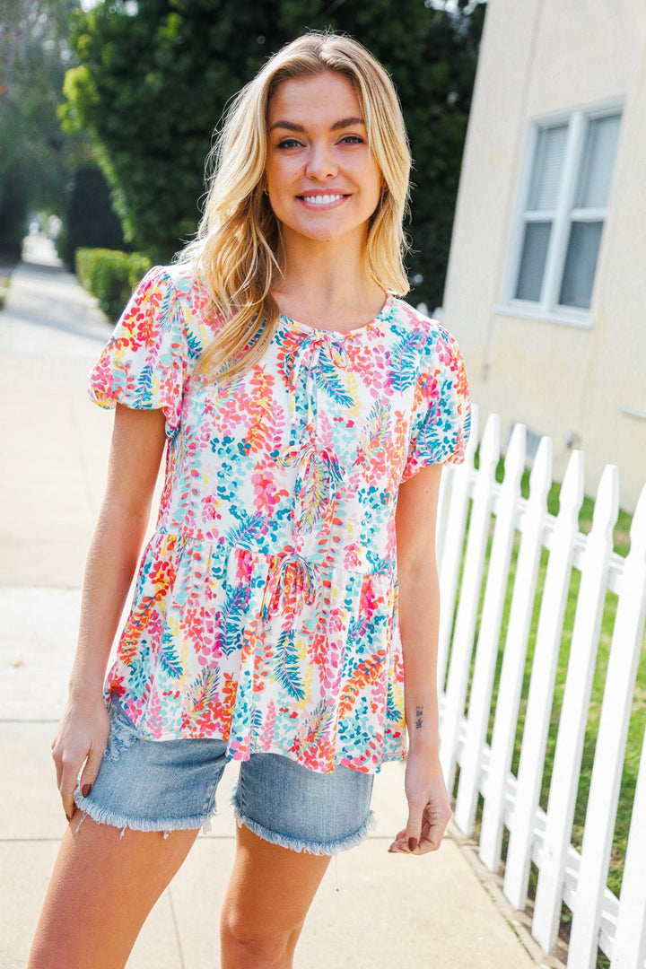 Perfect Find Ivory Floral Leaf Print Shorts Sleeve Babydoll Tops - Nikki &amp; Co. Boutique