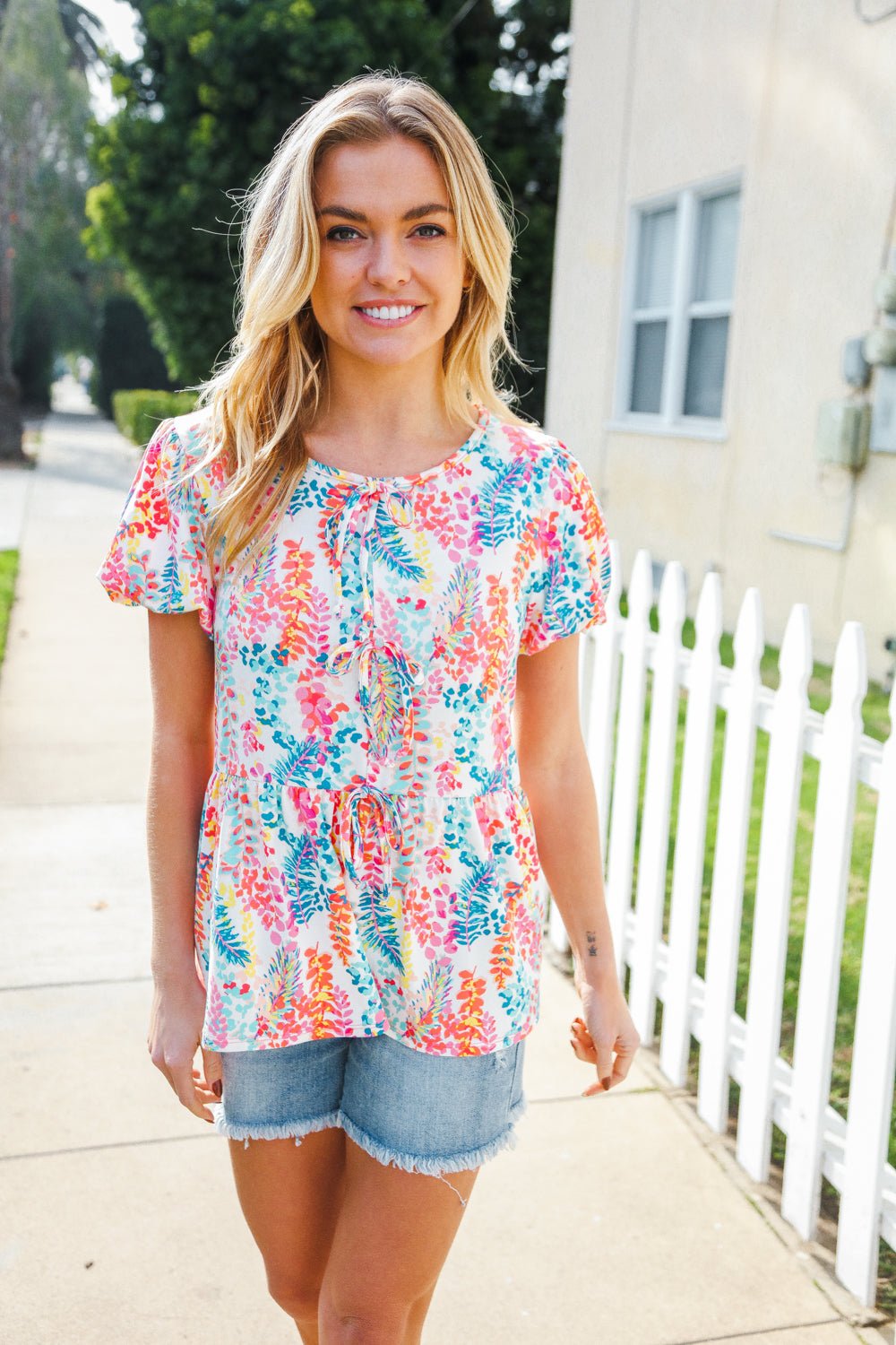 Perfect Find Ivory Floral Leaf Print Shorts Sleeve Babydoll Tops - Nikki &amp; Co. Boutique