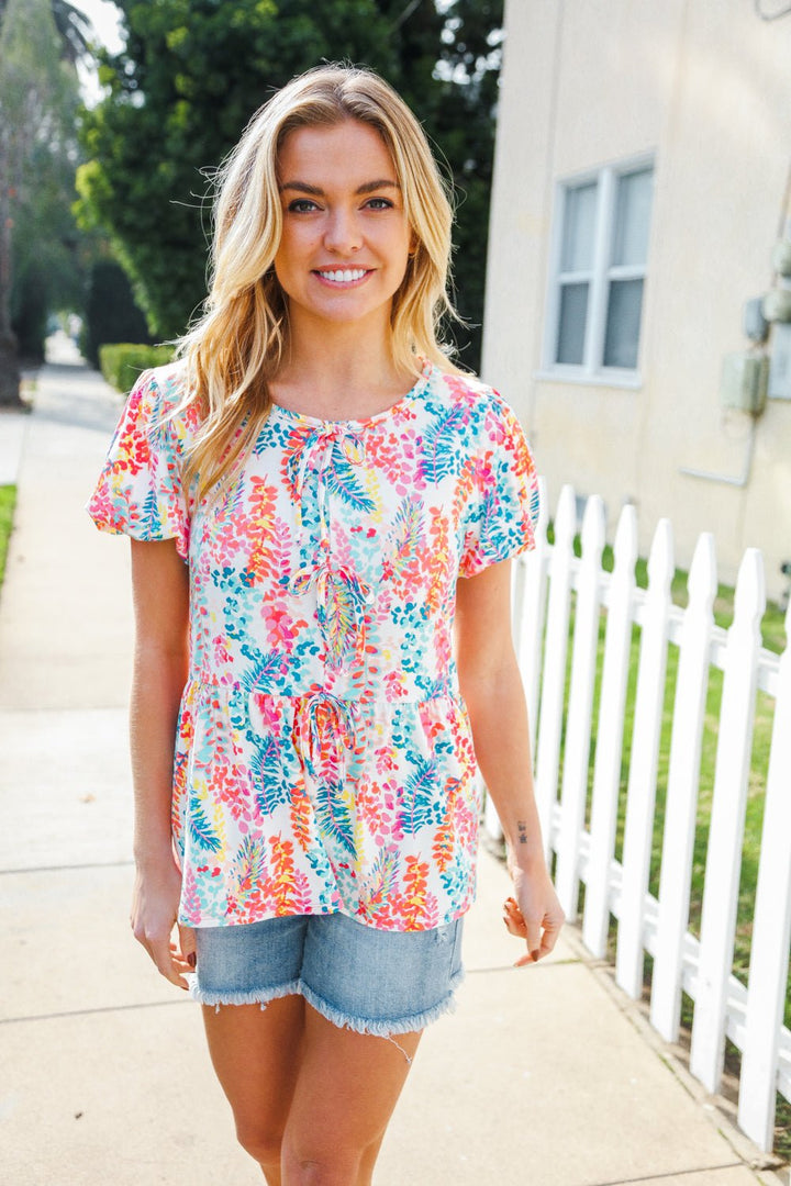 Perfect Find Ivory Floral Leaf Print Shorts Sleeve Babydoll Tops - Nikki &amp; Co. Boutique