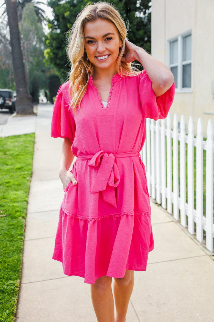 Star Struck Fuchsia Notched Neck Balloon Sleeve Sash Belt Mini Dress - Nikki &amp; Co. Boutique